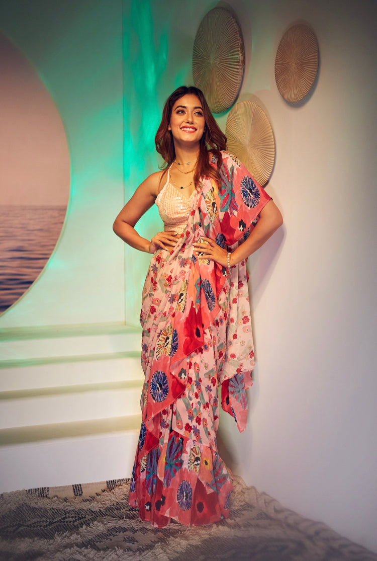 Poppy Pink - Ready To Wear Ruffle saree with blouse