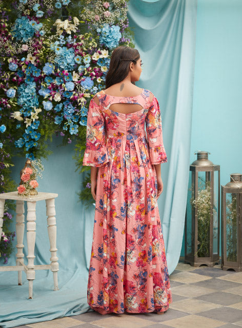 Coral Drizzle Palazzo Jumpsuit Saree front cut Dress with shoulder cuts