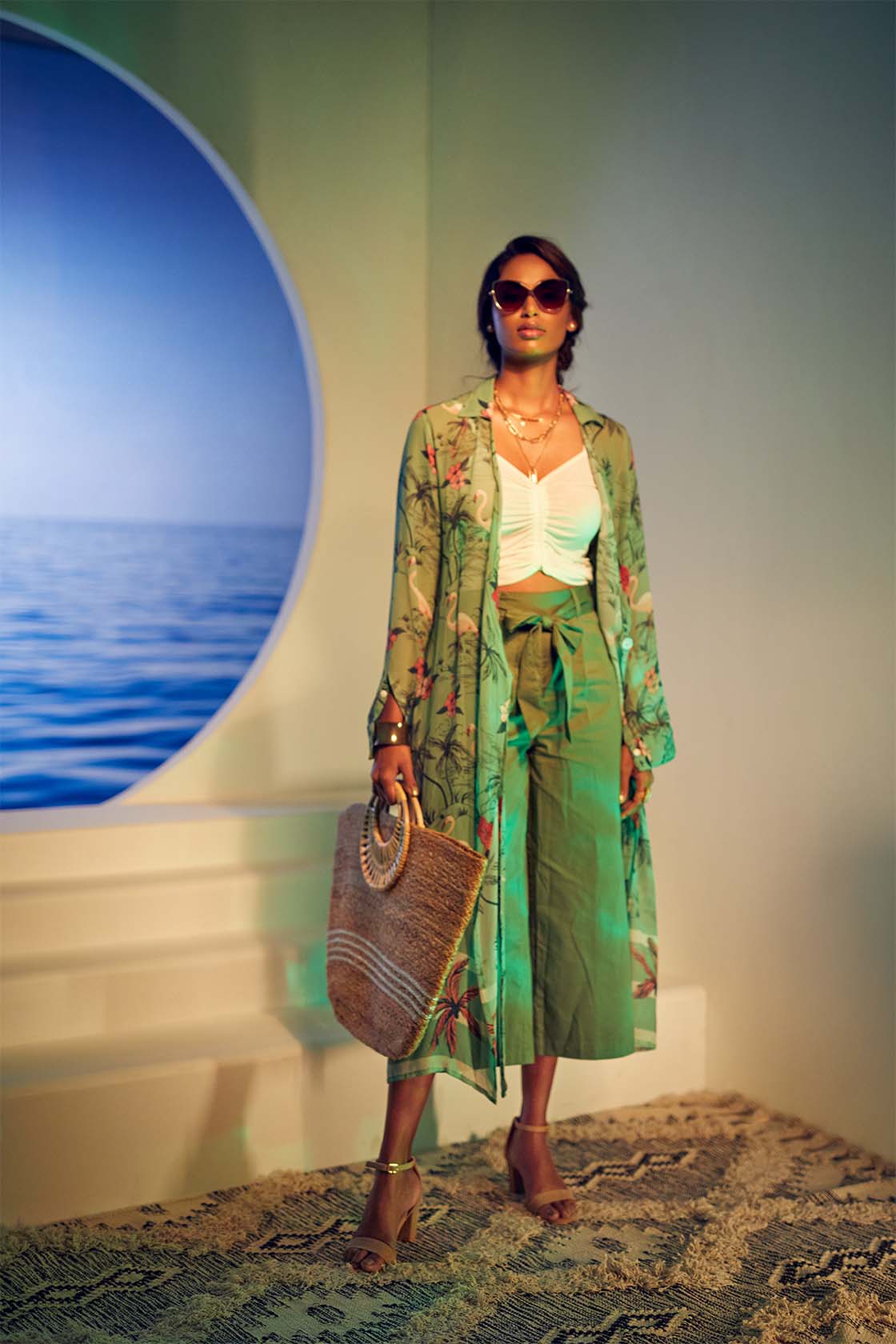 olive sea overcoat with culotte set