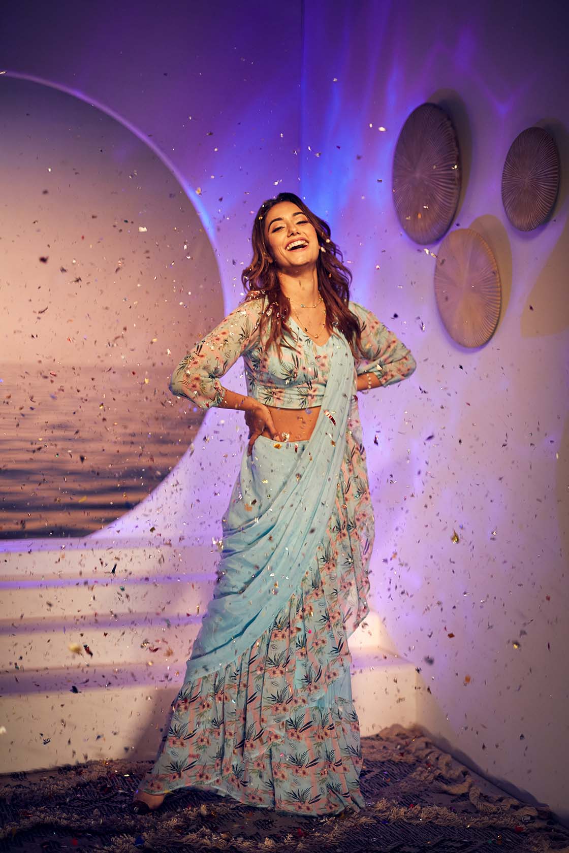 Powder Blue Eyes On You Ready To Wear Ruffle Saree With Blouse