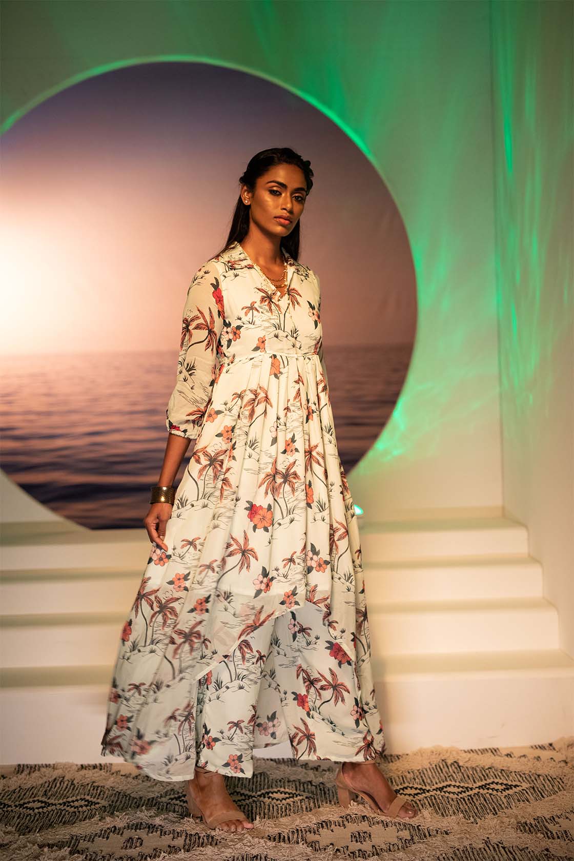 Sand Green Tropical Palm Treen printed Kurti Palazzo