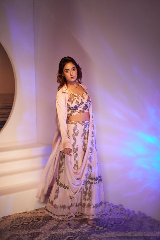 Pastel Pink Pre Draped - Saree Skirt with blouse and over coat