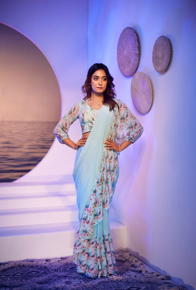Powder Blue Eyes On You Ready To Wear Ruffle Saree With Blouse
