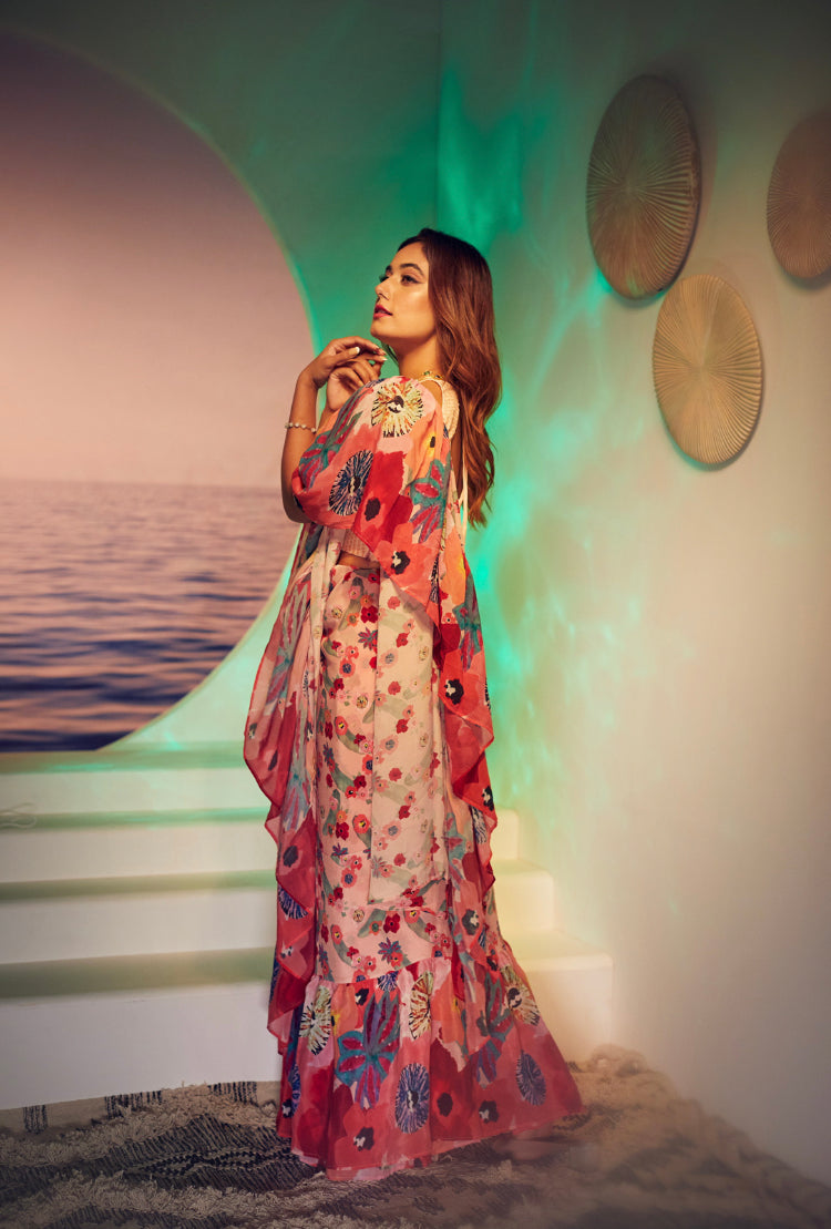 Poppy Pink - Ready To Wear Ruffle saree with blouse