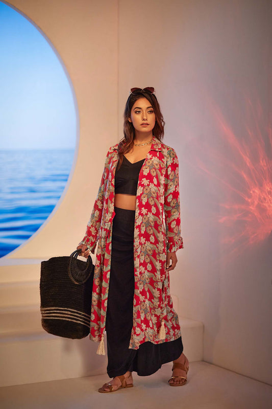 Hot Red Hibiscus overcoat with black wrap skirt and blouse set