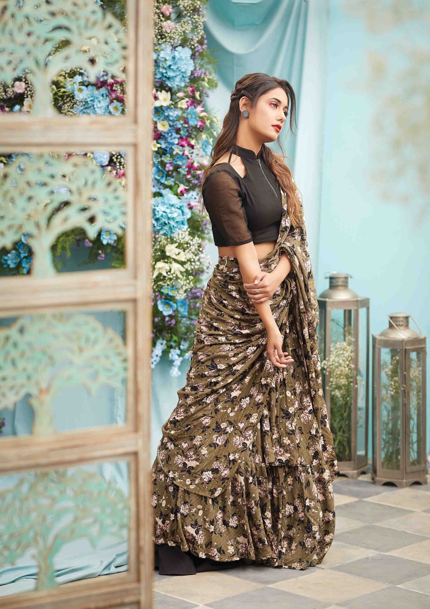 Earthy green Layered Saree Skirt