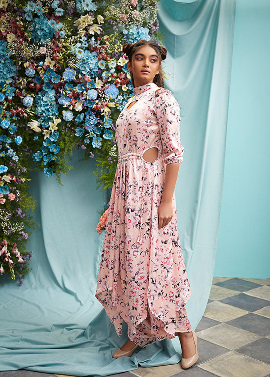 Pastel Pink Kurti Dhoti Jumpsuit Dress with side and shoulder cut
